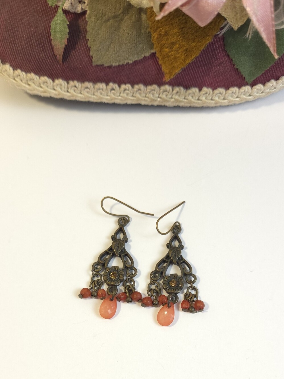 Bronze Crystal Flower Dangle Earrings Boho Hippie Style Drop Earrings